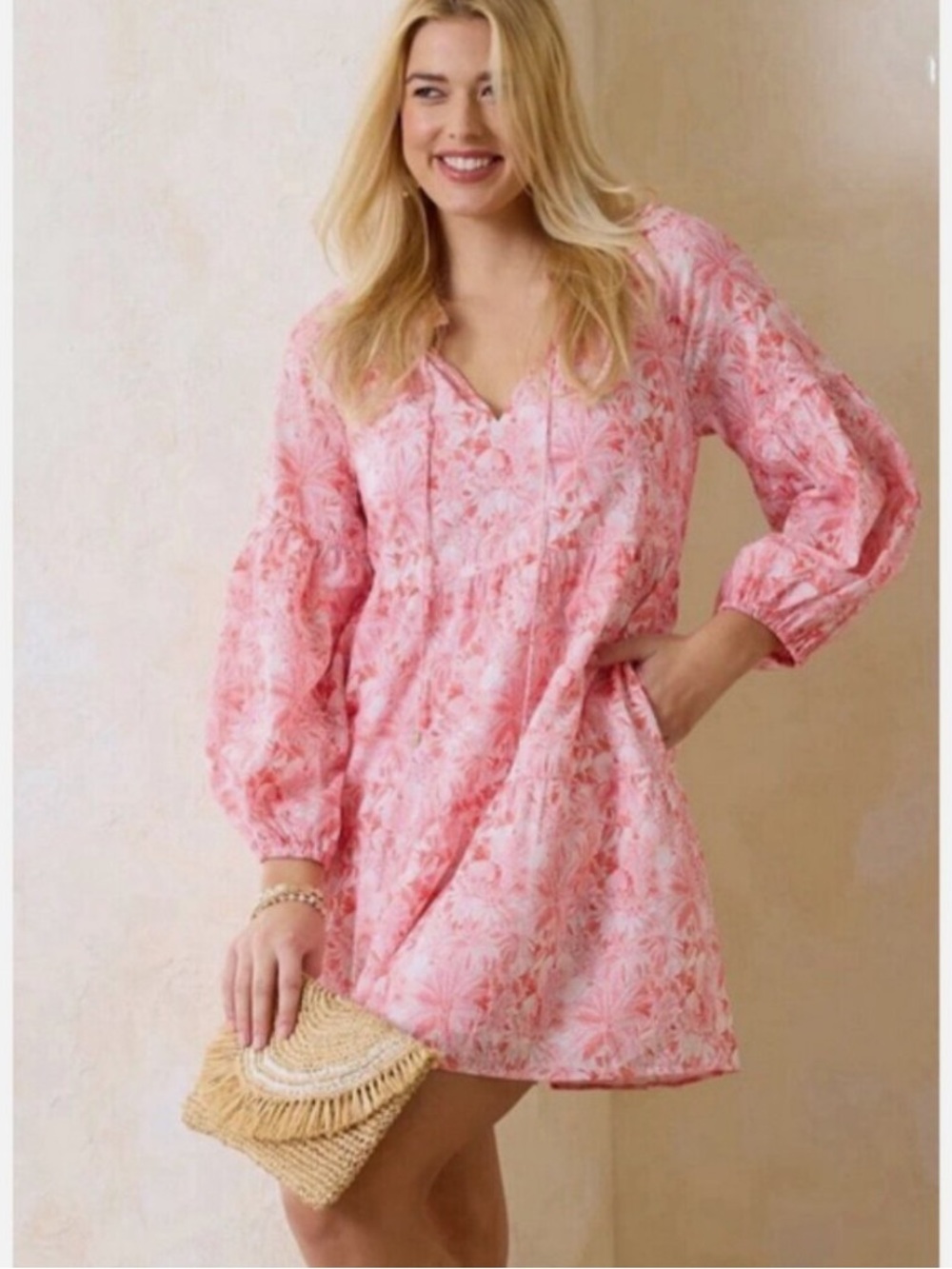 Tommy Bahama Petit Palma Floral V‑Neck Puff‑Sleeve Mini Dress